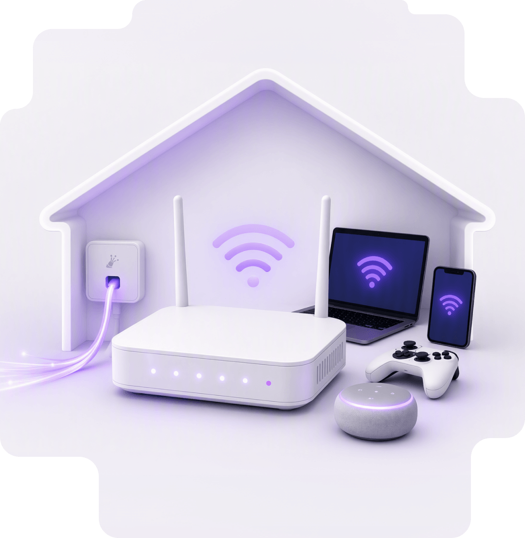 Illustration of a glowing glass house emitting a Wi-Fi signal