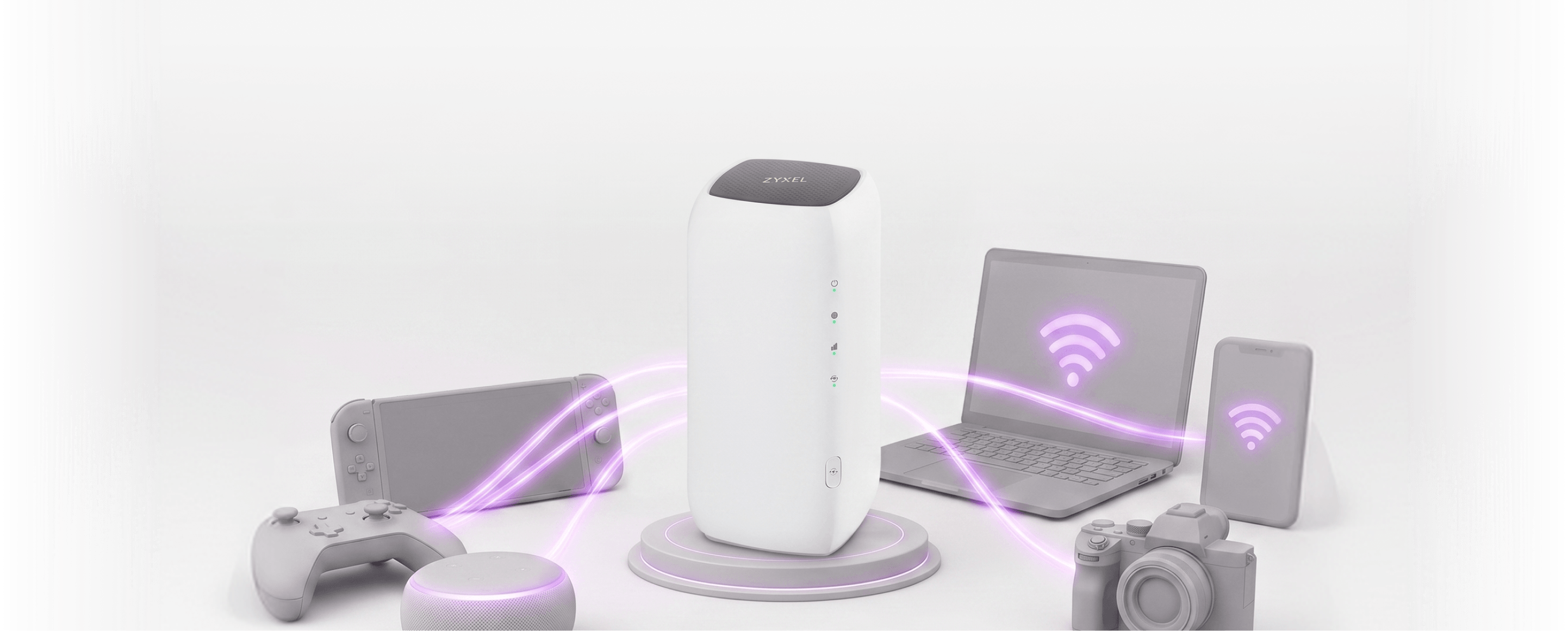 Twifi 5G router surrounded by a game controller, handheld console, laptop, phone and camera, connected by glowing purple light trails