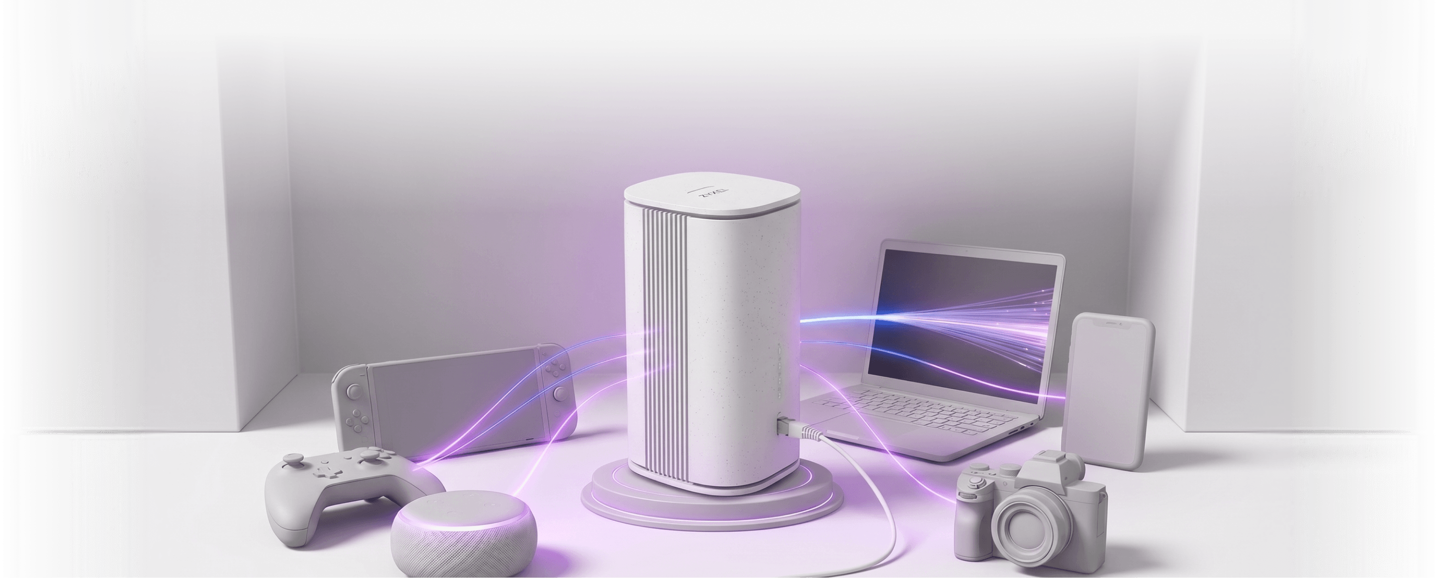 Twifi fiber router surrounded by a game controller, handheld console, laptop, phone and camera, connected by glowing purple light trails